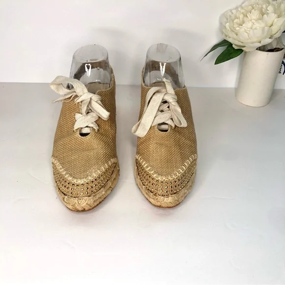 STUART WEITZMAN Canvas Gold Studded Slingback Tan Espadrille Wedge Luxury VTG - Picture 3 of 14